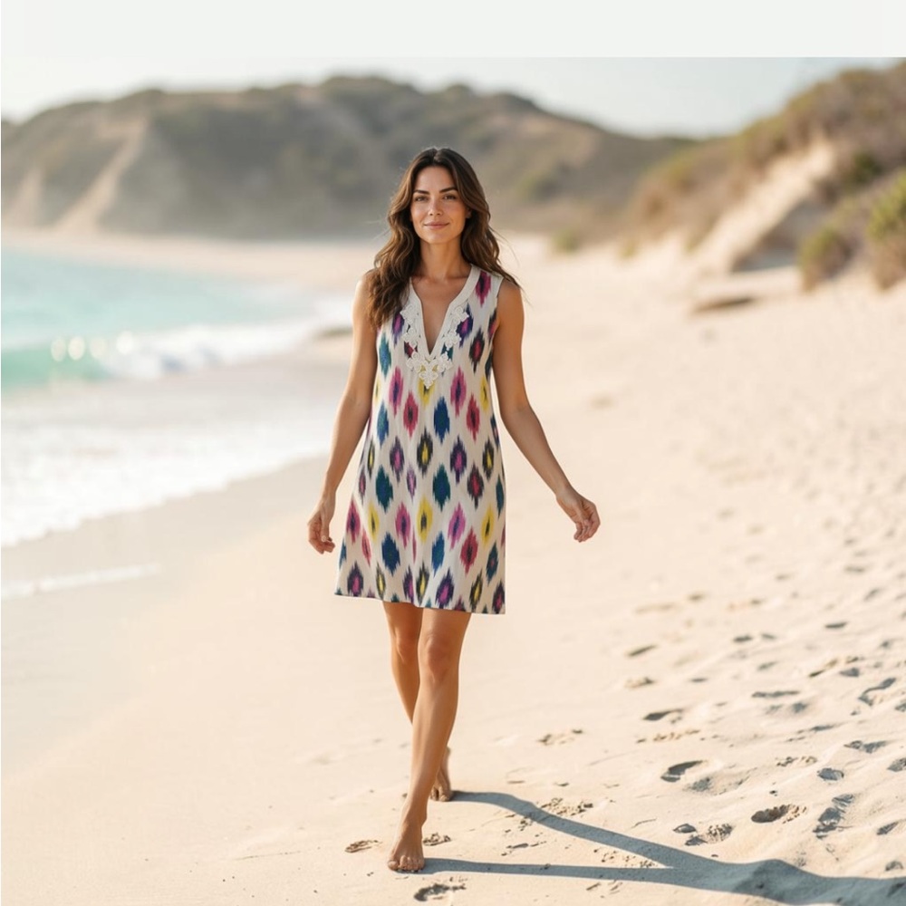 J. Crew Sleeveless Ikat Midi Dress in White with Blue, Pink & Yellow Accents